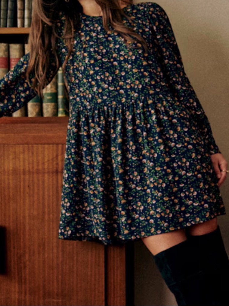 Long-Sleeve Navy Floral Swing Dress